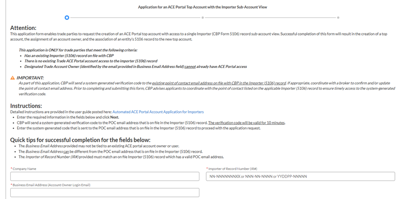 ACE Portal importer application form showing company and importer information fields